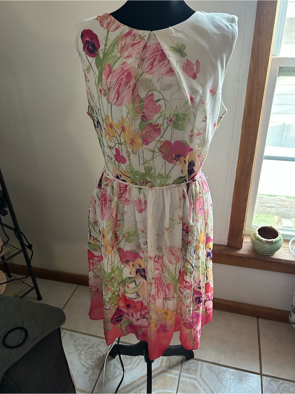 Sandra Darren White Floral A-Line Dress with Pink and Green Accents